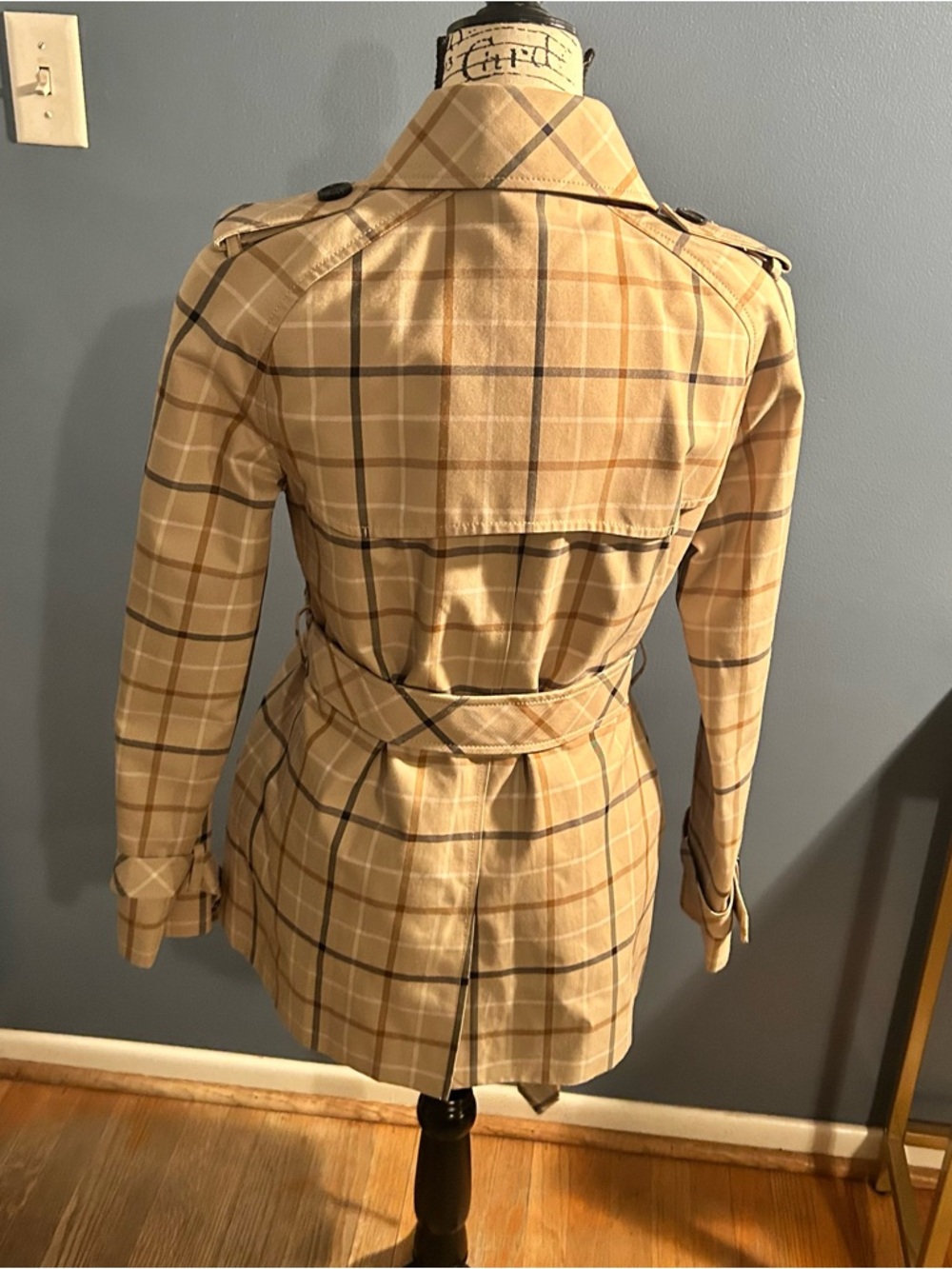 Coach plaid khaki short Trench Coat - Picture 13 of 14